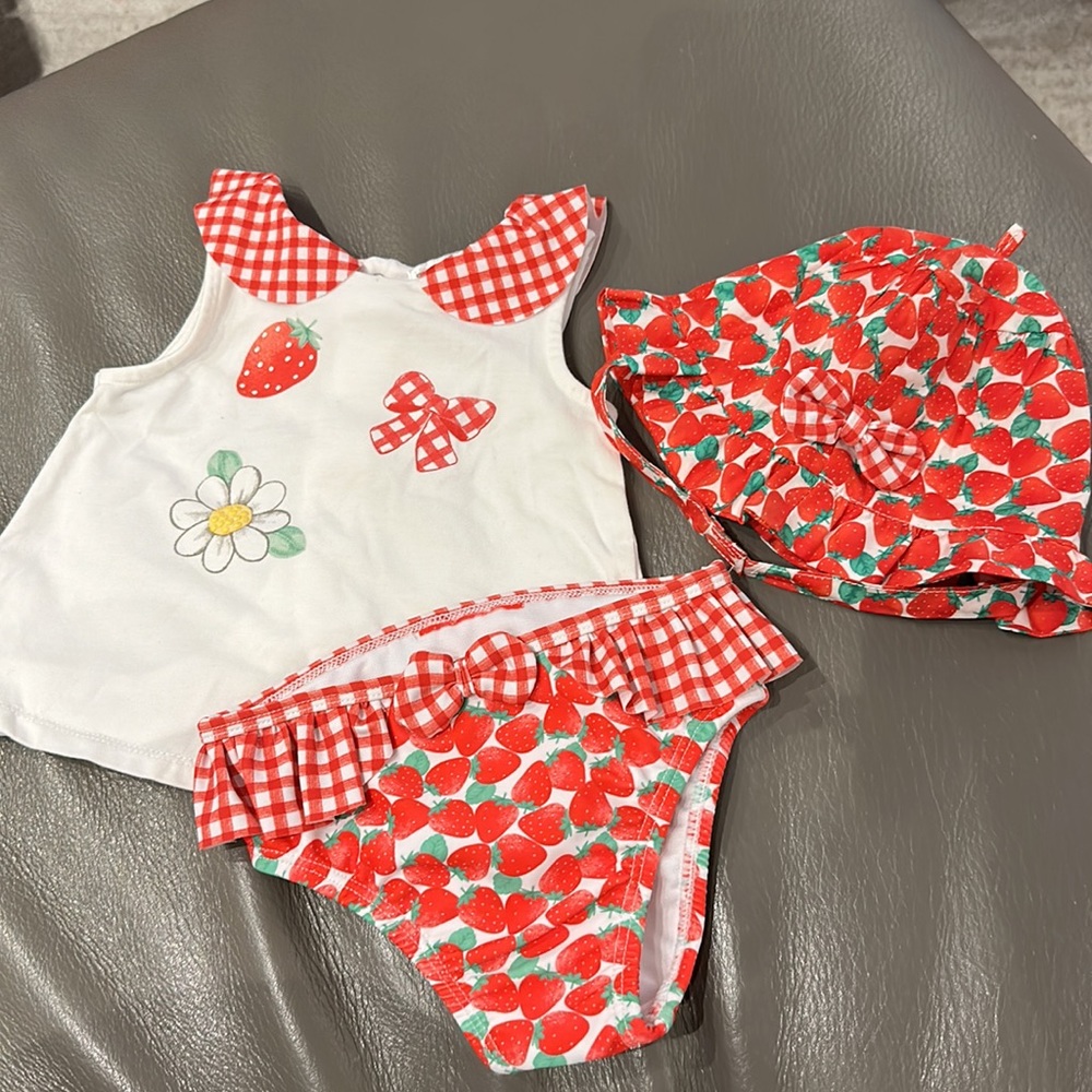 Mayoral infant girl strawberry shortcake bikini set with hat, bathing suit